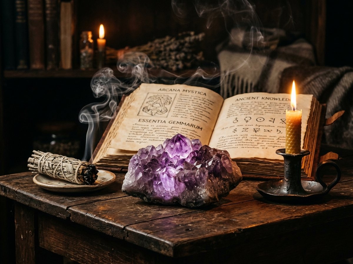 Glowing crystals on table with candles